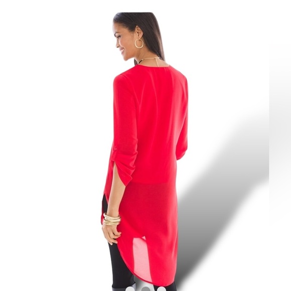 CHICOS High Low Woven Top Women’s Size Small, Red NWOT Button Roll Sleeves - Picture 5 of 14